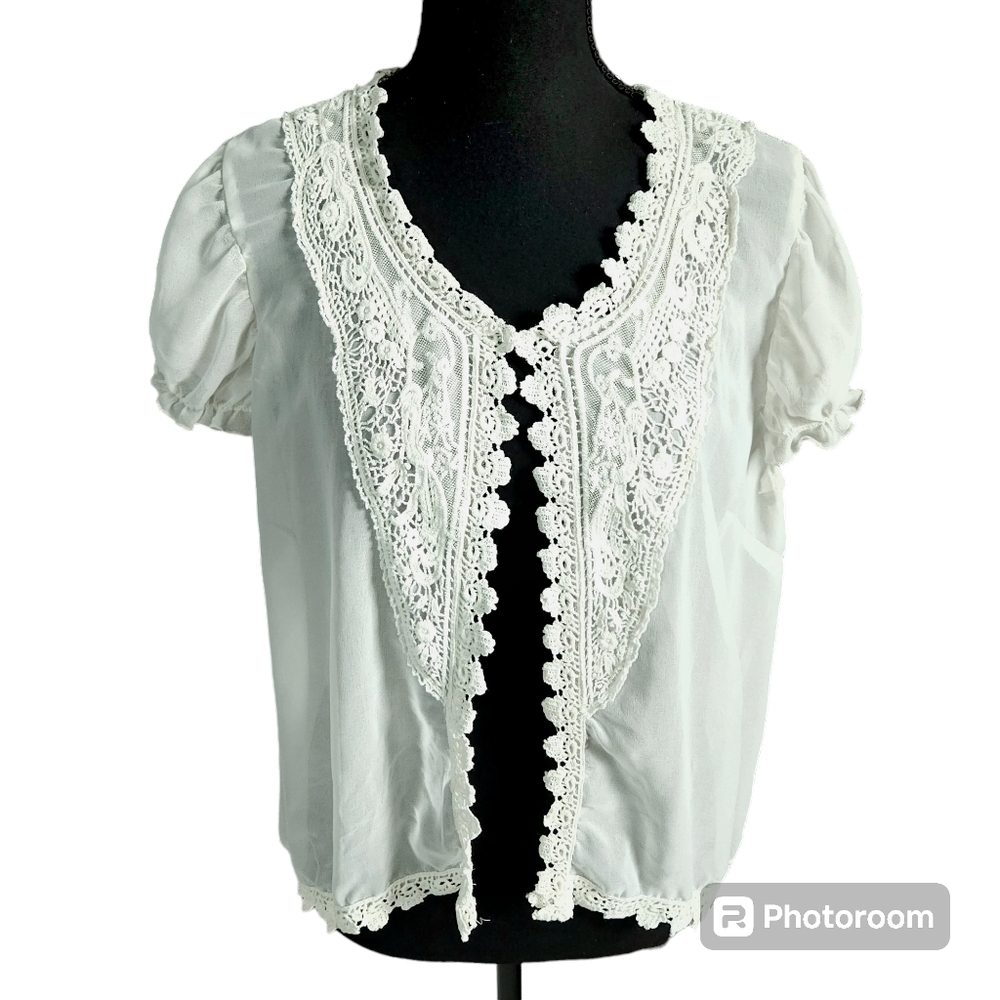 White Crochet Boho Cottage Sheer Puff Sleeve Cardigan